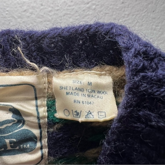 Vintage 90s Seychelle Blue Red Fair Isle Nordic Heavy Wool Hand Knit Cardigan M - Picture 11 of 12